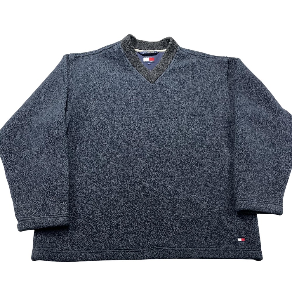 VTG Tommy Hilfiger Sweater Mens Large Blue Fleece V Neck Pullover Heavyweight